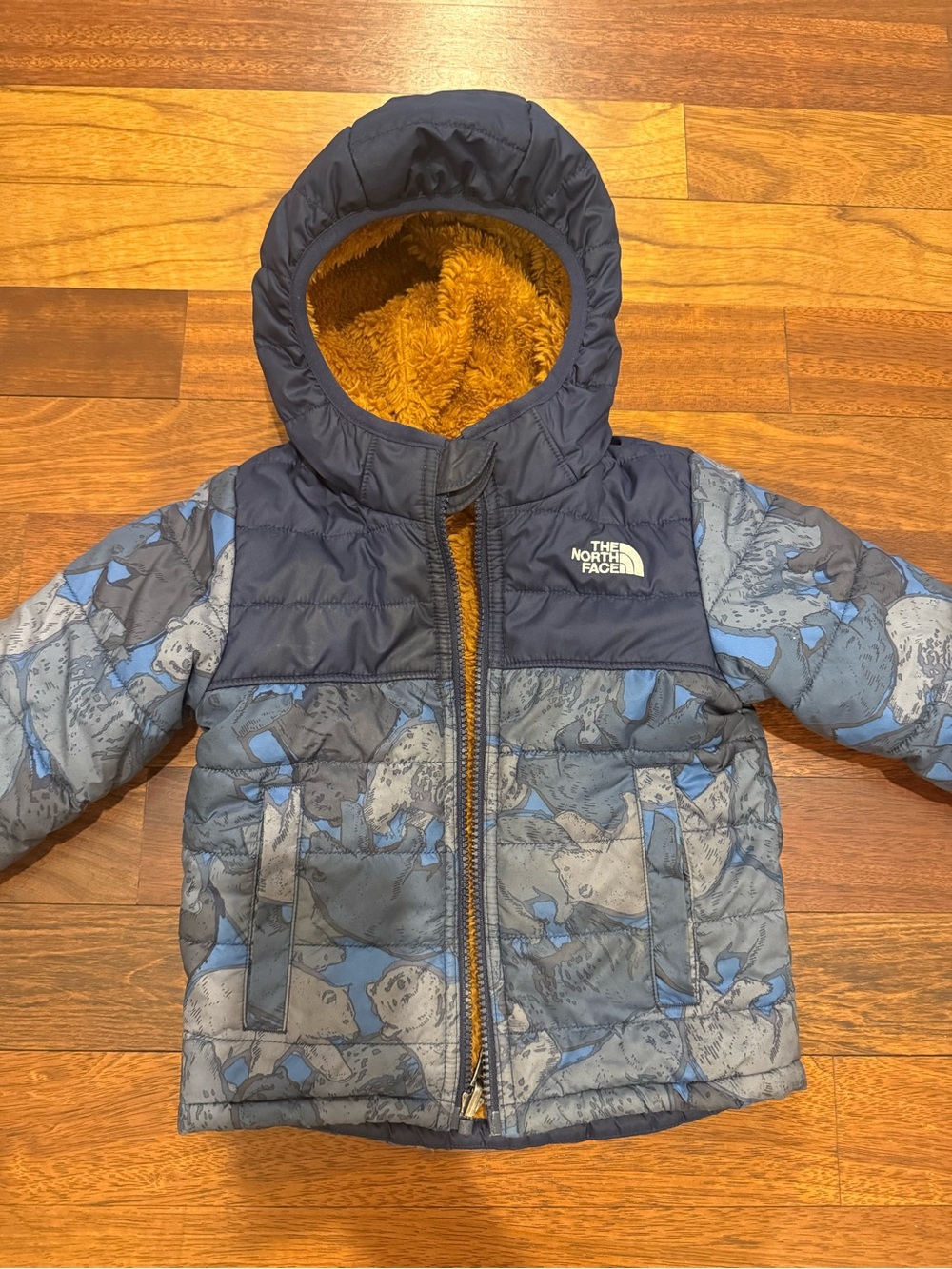 The North Face Toddler Reversible Hooded Puffer Jacket Navy Blue tan Sz 3T